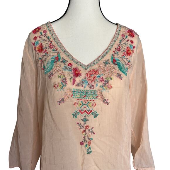 Johnny Was Embroidered Boho Tunic Top Medium Peach Floral Bird Cupra Rayon - Picture 2 of 11